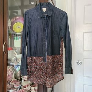 Anthropologie Postmark Label Denim Floral Long Sleeve Button Down Shirt Size 2